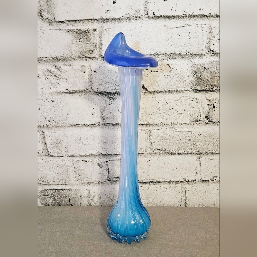 Vintage Blue Swung Glass Vase 16 Inch Mid Century Ombre Art Glass